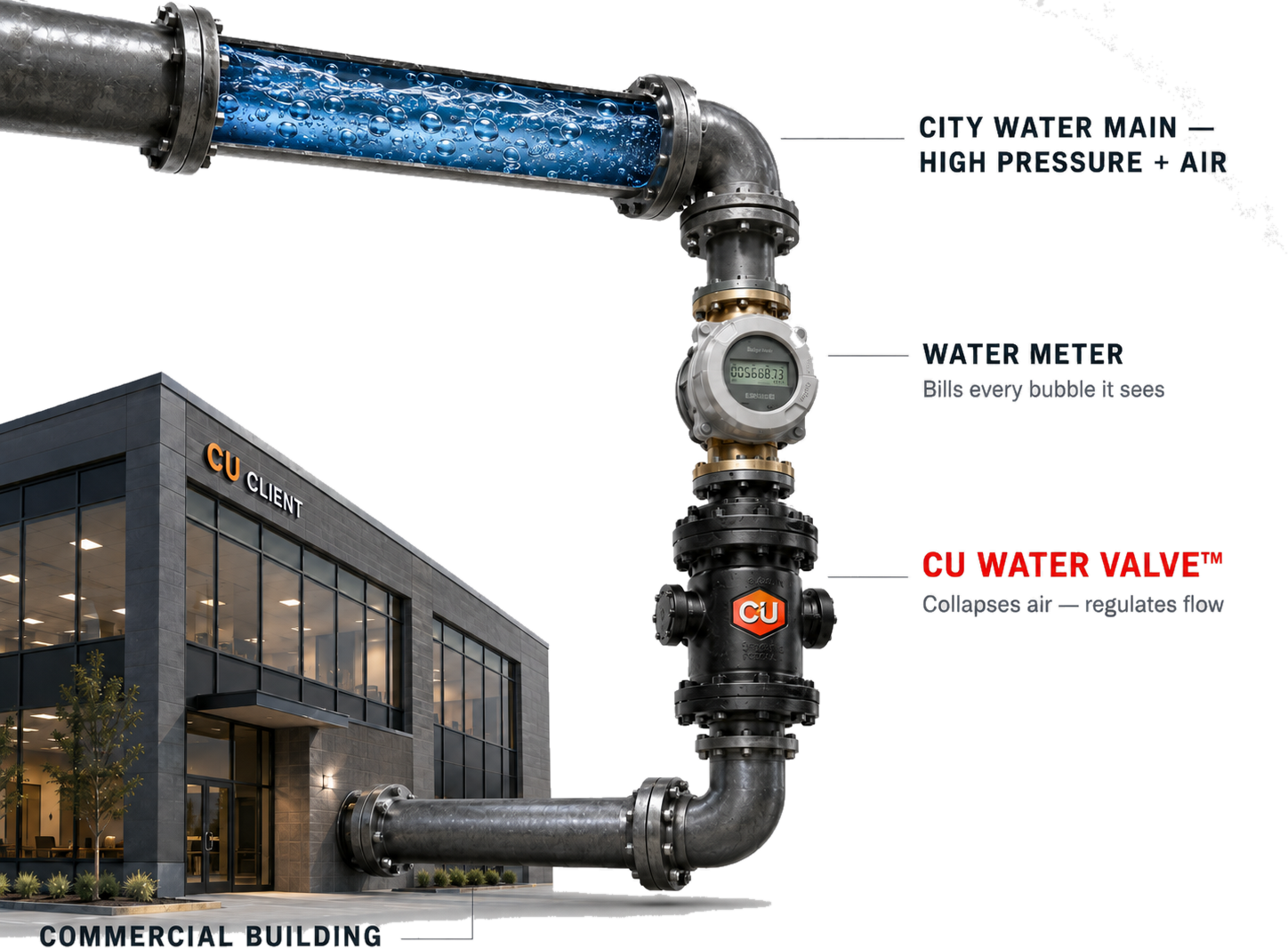 CU Water Smart Valve installed between the city water main, the water meter, and a commercial building