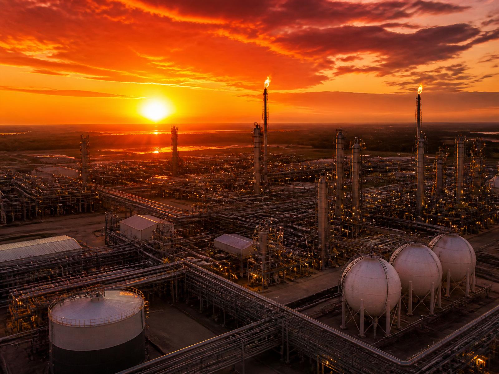 Natural gas processing plant at sunset