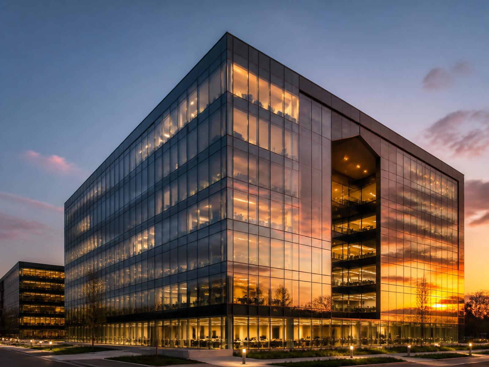 Modern glass corporate office tower lit at dusk